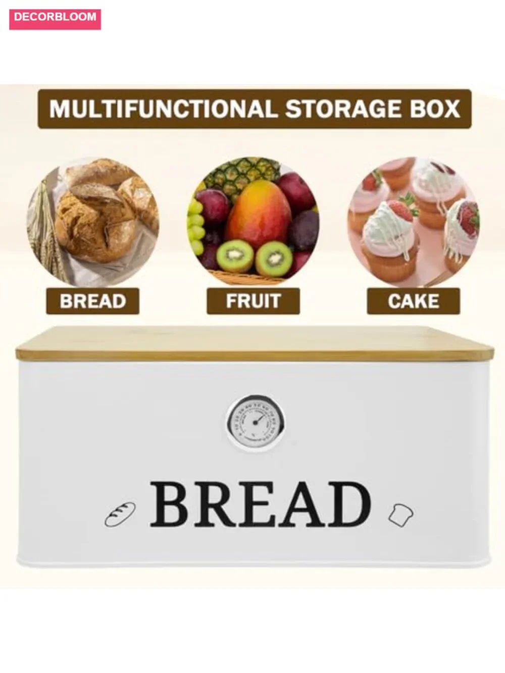 Bread Box with Bamboo Lid Cutting Board Hygrometer